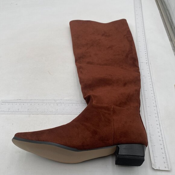 Women Square Toe Knee High Boots Wide Calf Low Chunky Heel Flat Long Boots Brown - Picture 2 of 7